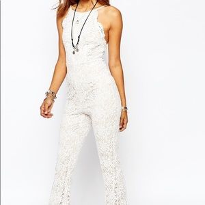 High Neck Lace Flared Leg Jumpsuit